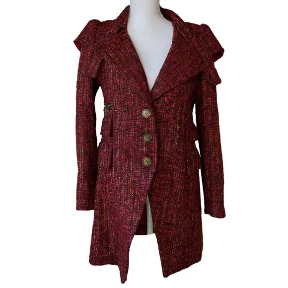 Nanette Lepore Jackets Coats Nanette Lepore Gossip Girl Red Tweed Coat Last Tycoon Ruffle Shoulder Jacket Poshmark